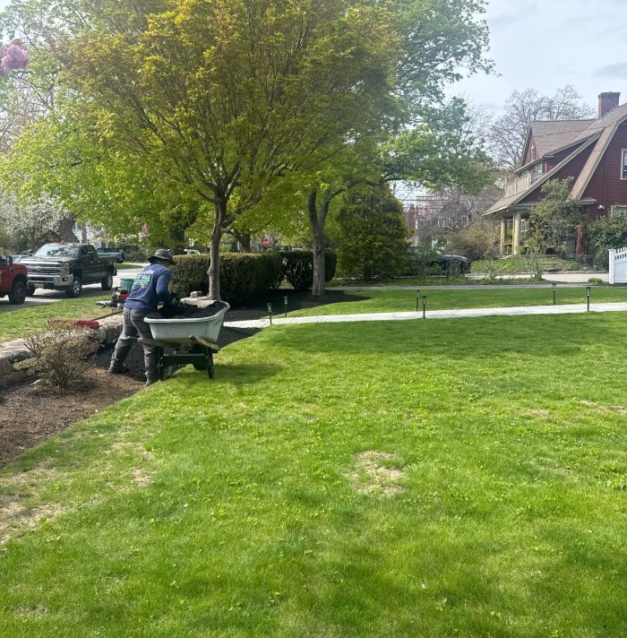 Professional landscaping crew performing lawn and mulch maintenance at a residential property